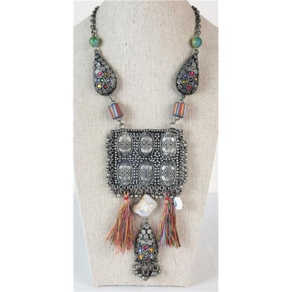 Oversized Brutalist Ethnic Pendant Necklace Mughal Style Silver Tone 28" Bold